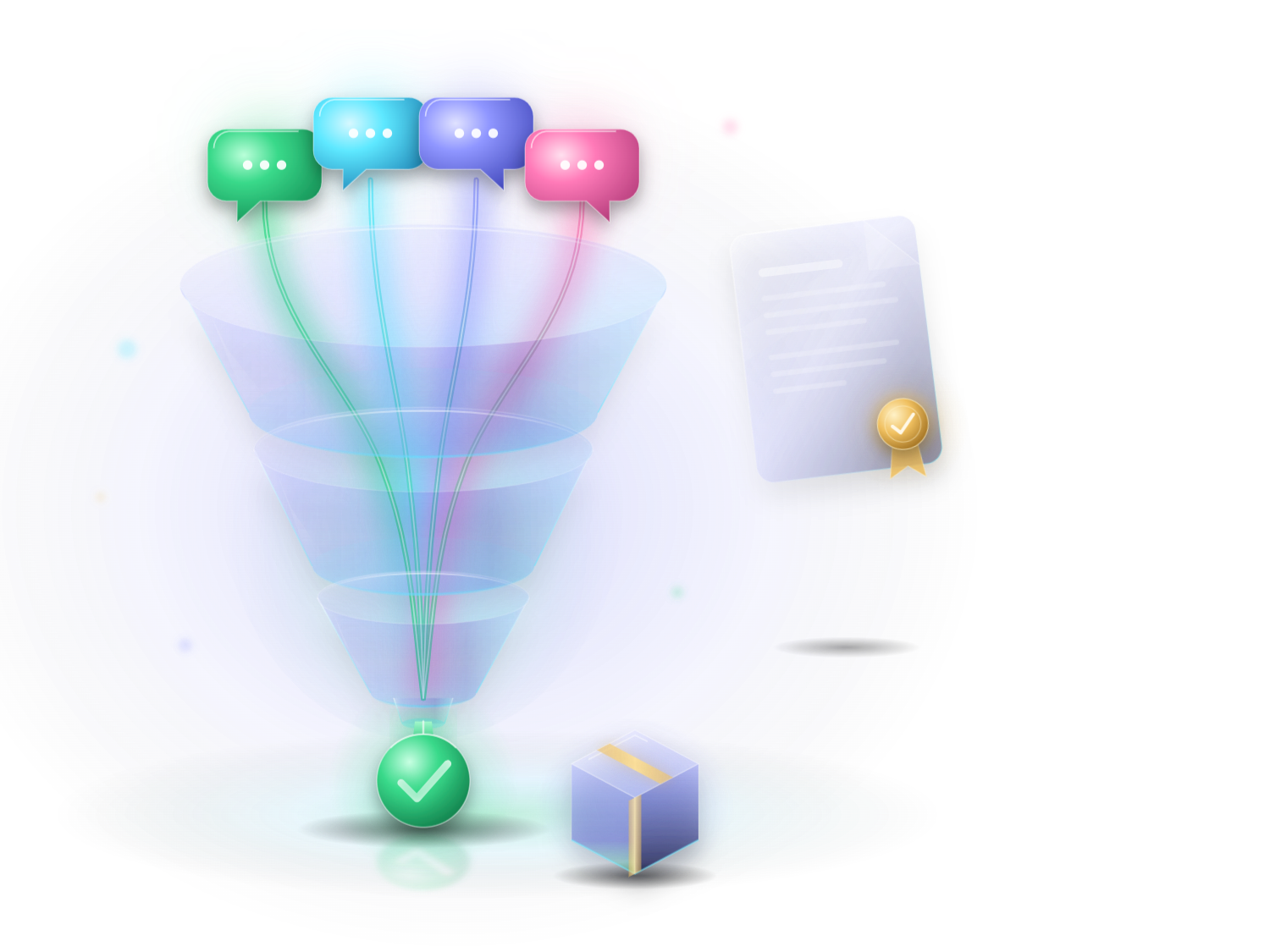 A glowing funnel taking chat bubbles in at the top and giving out a ticked order and a parcel