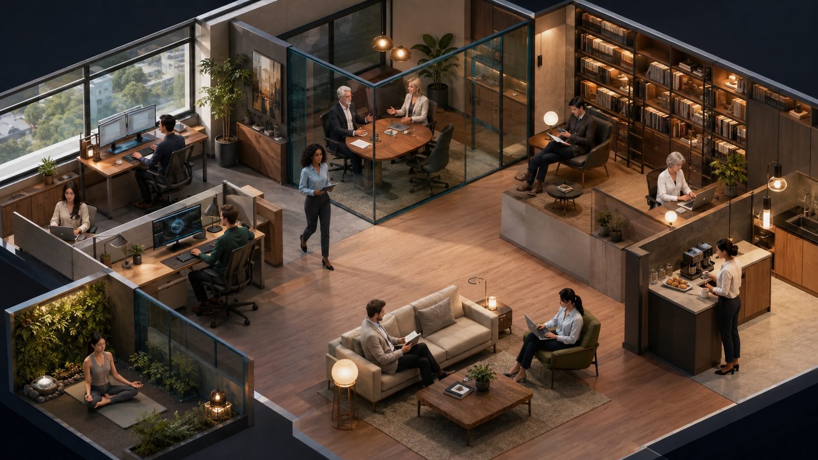 An open-plan office seen from above, with colleagues at desks, in a meeting room and in the lounge